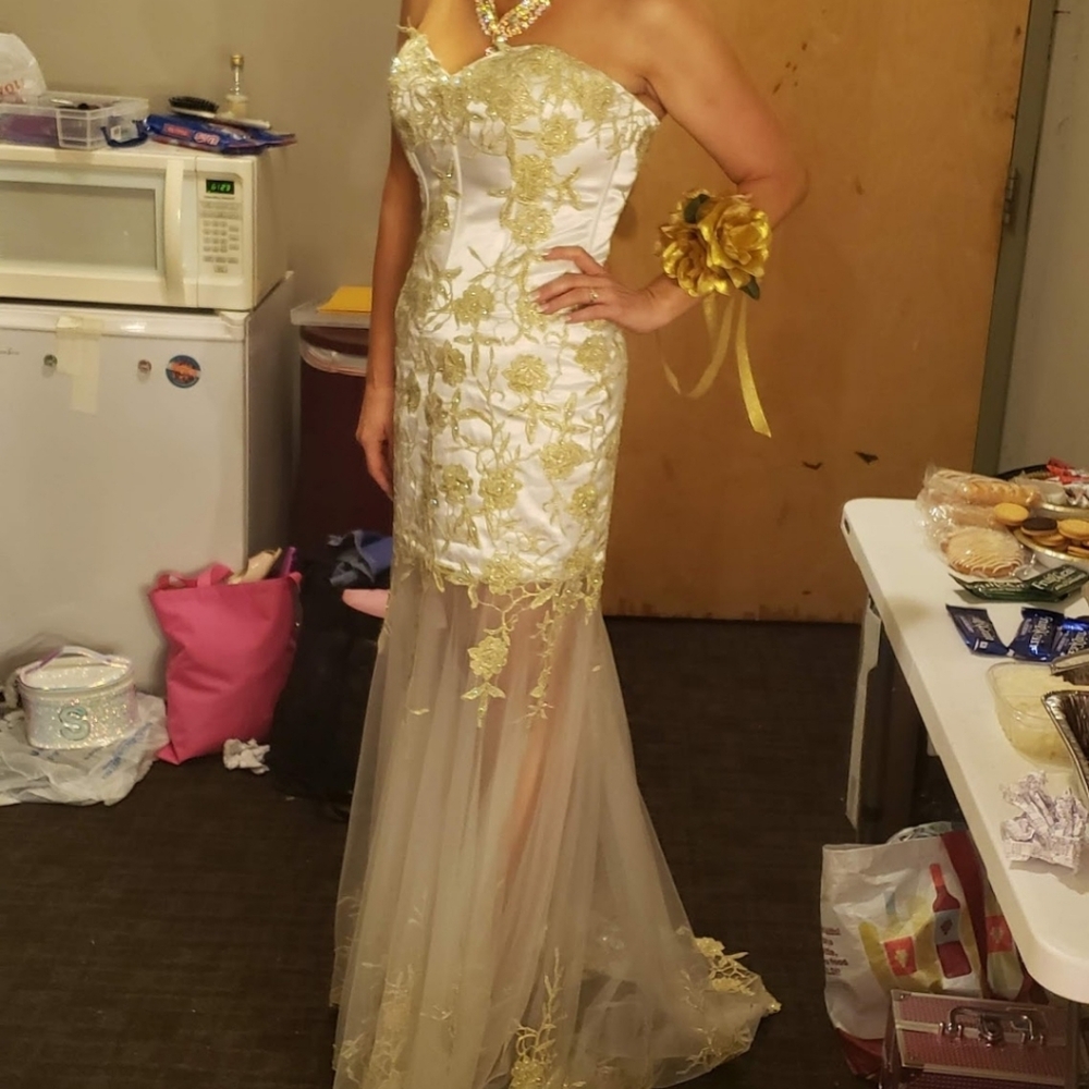 Elegant Gold and White Evening Gown